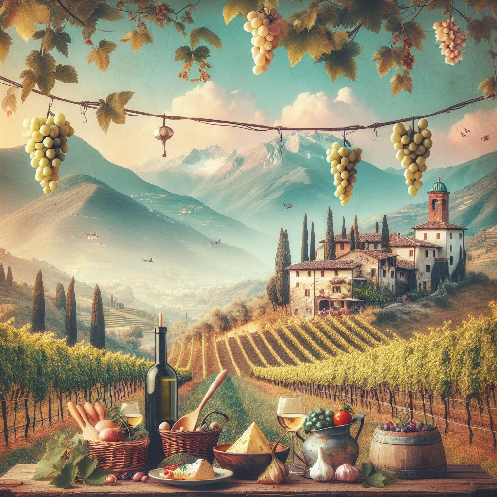 A picturesque Italian countryside scene featuring grapes, wine, and various food items in the foreground.