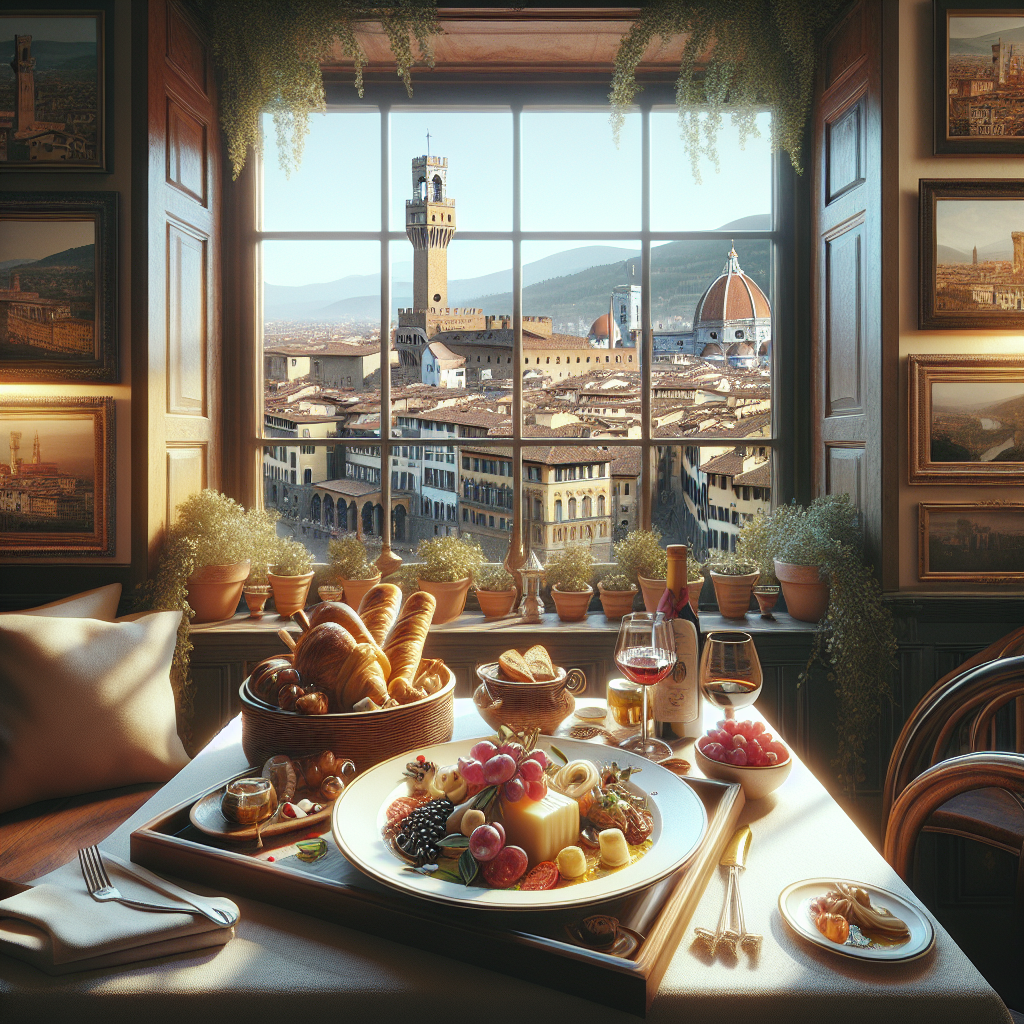 Dining table set with various Italian dishes and a view of Florence through a window.