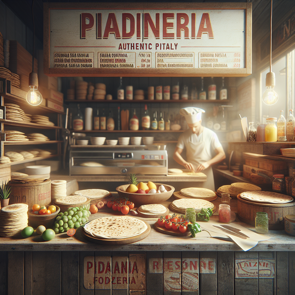 A chef preparing piadina in a piadineria with various fresh ingredients on the counter.