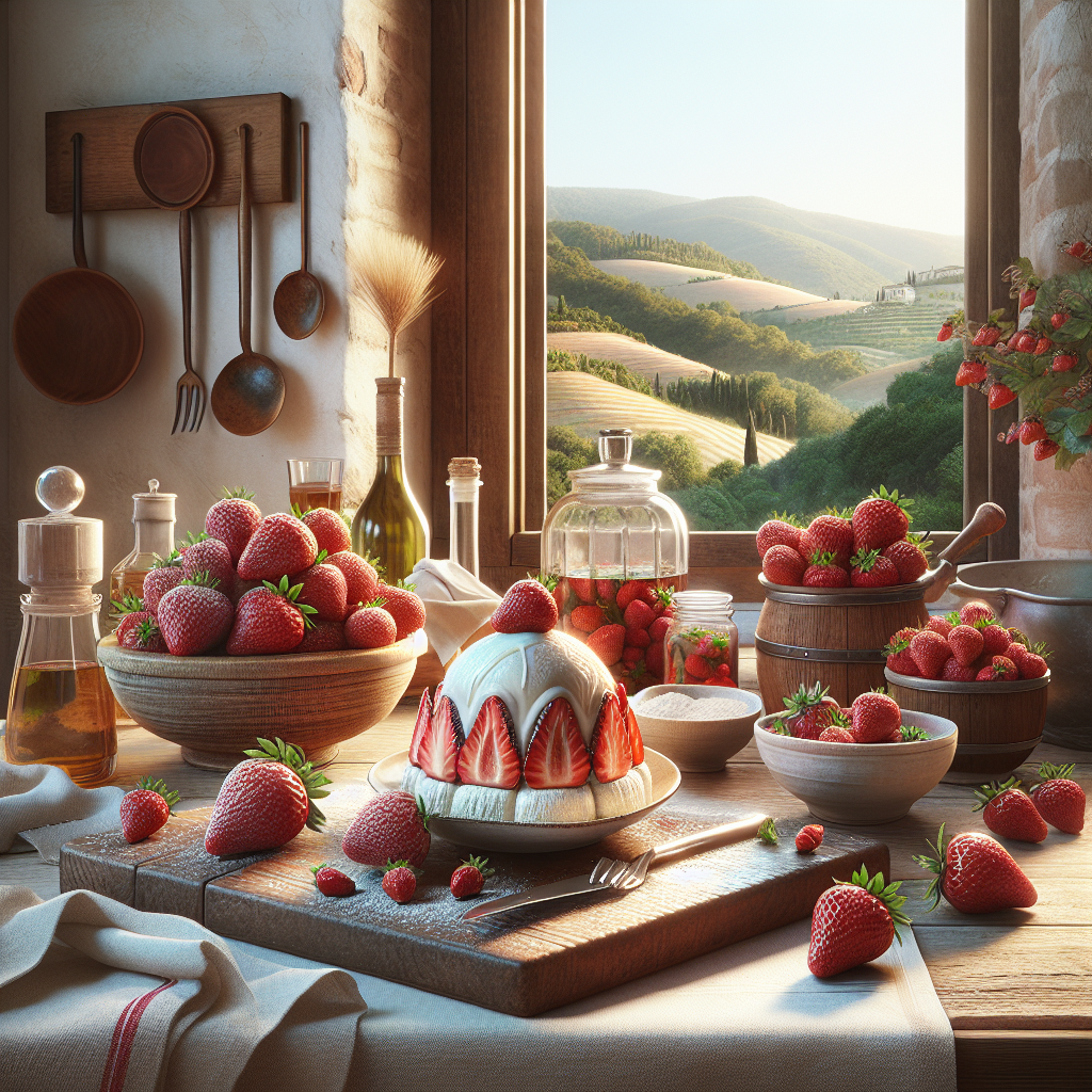 A dessert made with strawberries displayed on a wooden table surrounded by fresh strawberries in bowls.