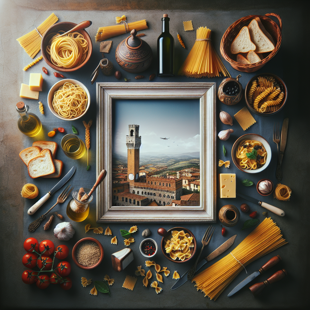 An arrangement of various Italian cuisine ingredients surrounding a framed landscape image.