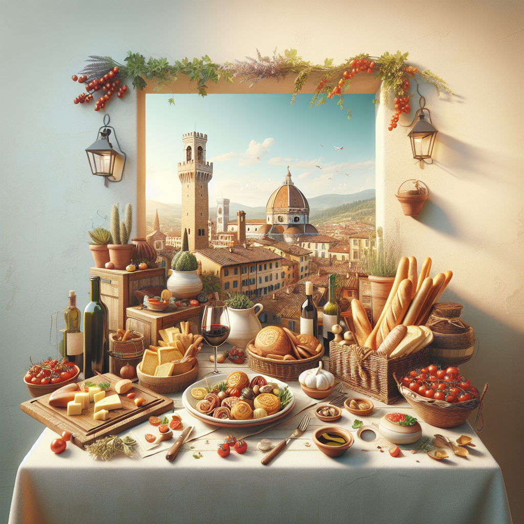 A table set with various Italian dishes, including cheese, bread, and wine, with a scenic view in the background.