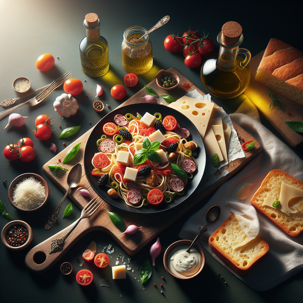 A plate of pasta topped with cheese, tomatoes, and herbs, surrounded by various ingredients and utensils.