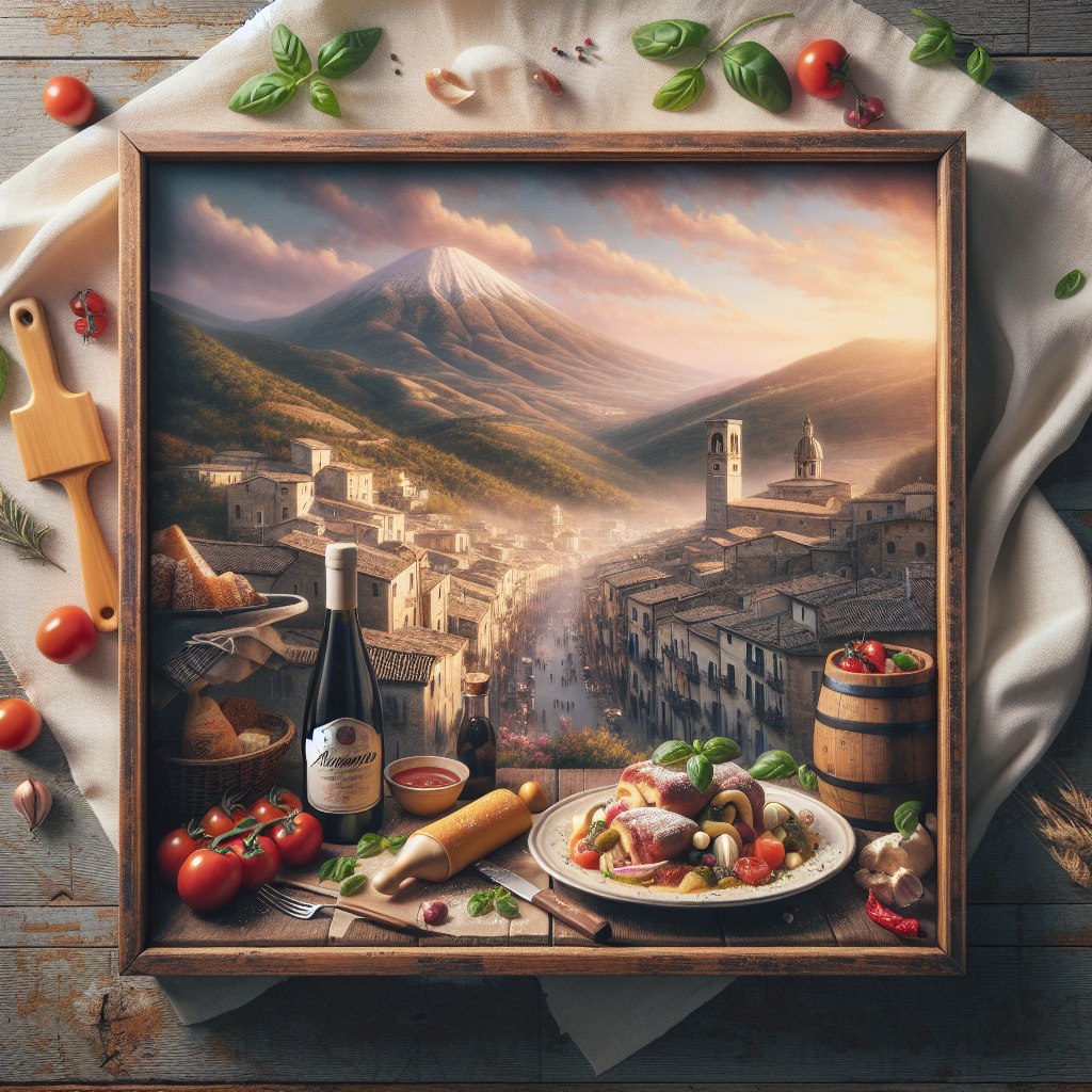 Framed painting depicting an Italian landscape with food items including tomatoes, wine, and a plate of pasta.