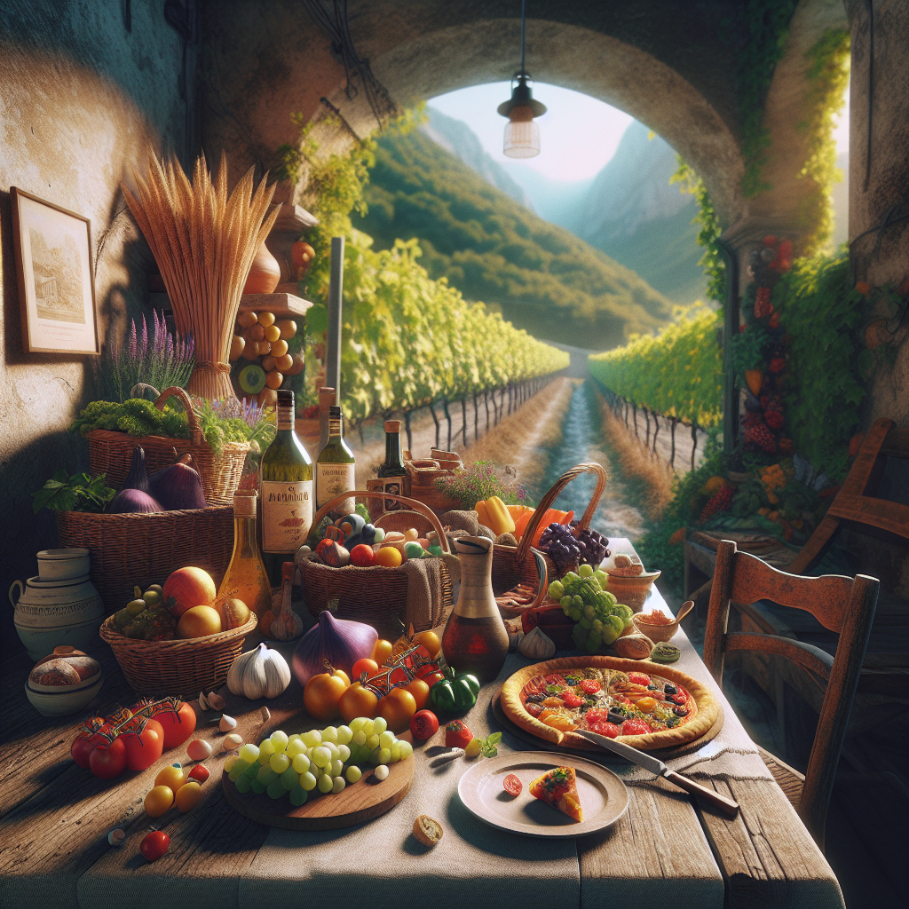 A wooden table filled with various Italian ingredients, including vegetables, fruits, and a pizza, in a vineyard setting.
