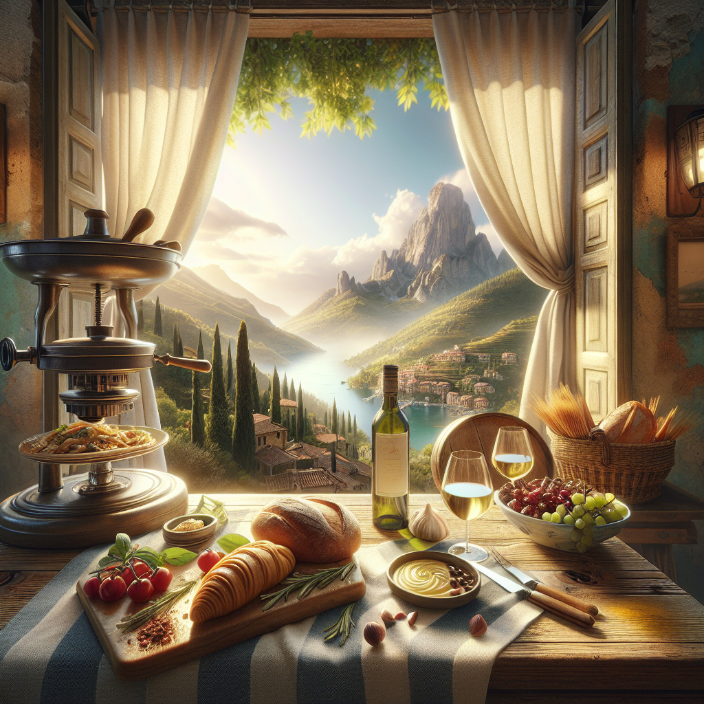 A table set with various Italian foods, including bread, wine, and vegetables, in front of a scenic view.