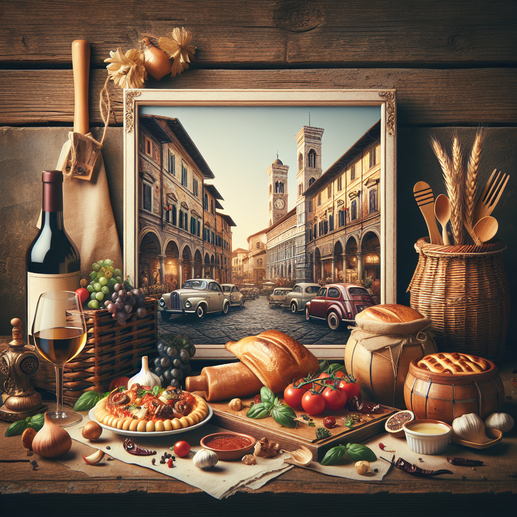 An assortment of Italian food items including bread, wine, and vegetables arranged around a framed image of a street scene.