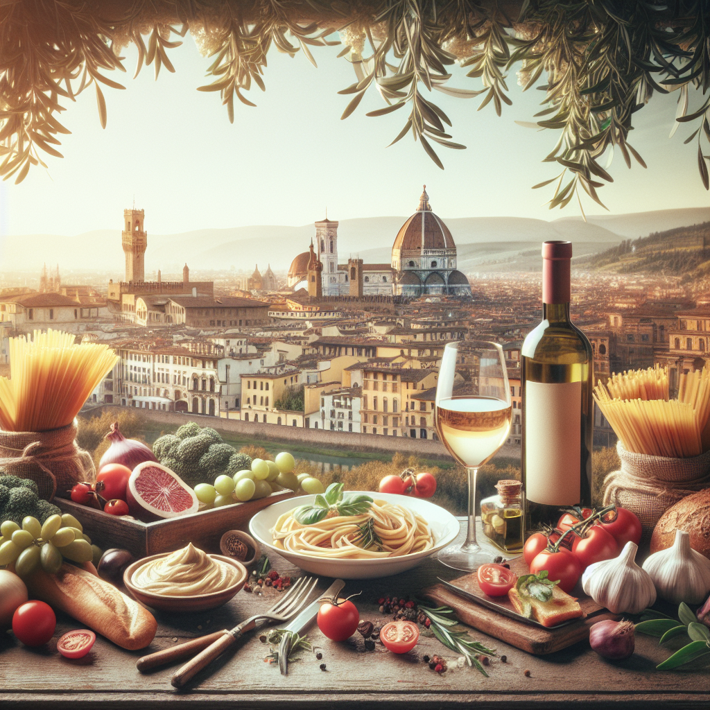 A table set with pasta, wine, and various fresh ingredients overlooking a cityscape.