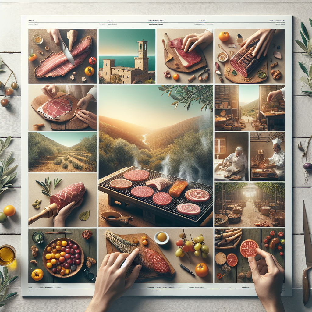 Collage of various Italian smoked foods and culinary preparations on a table.