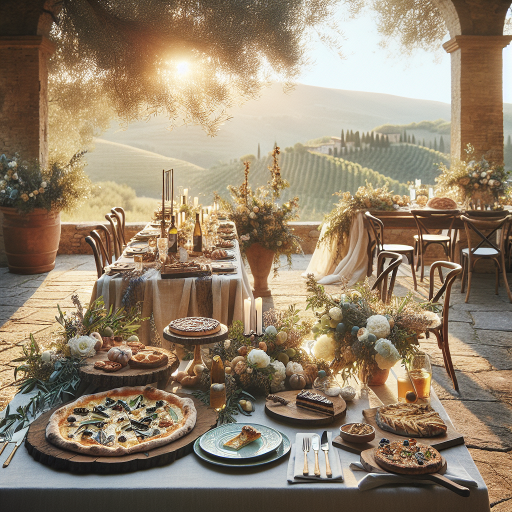 A beautifully arranged table featuring various Italian dishes and floral decorations in a scenic outdoor setting.