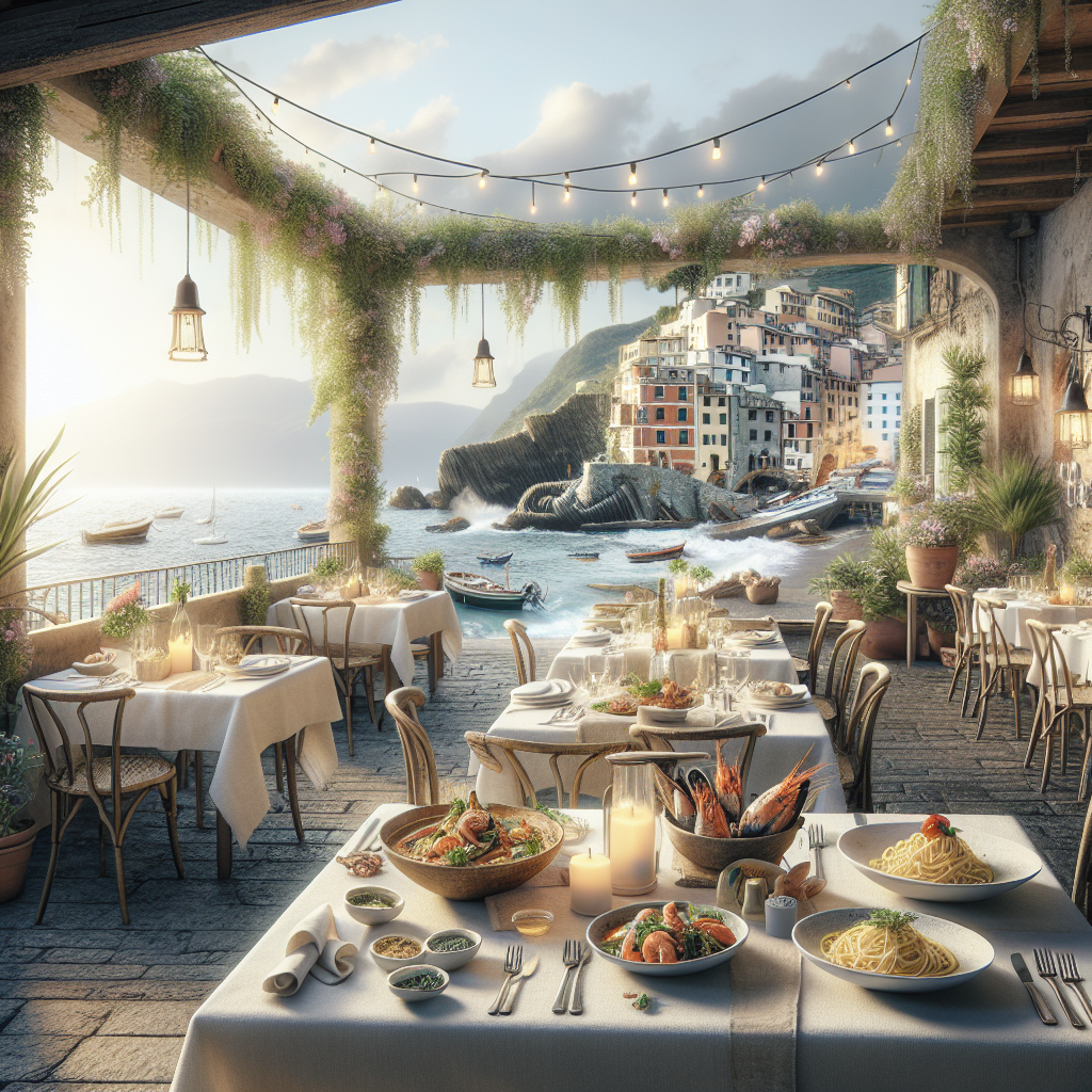 Outdoor dining area with tables set for a meal overlooking the sea and coastal village.