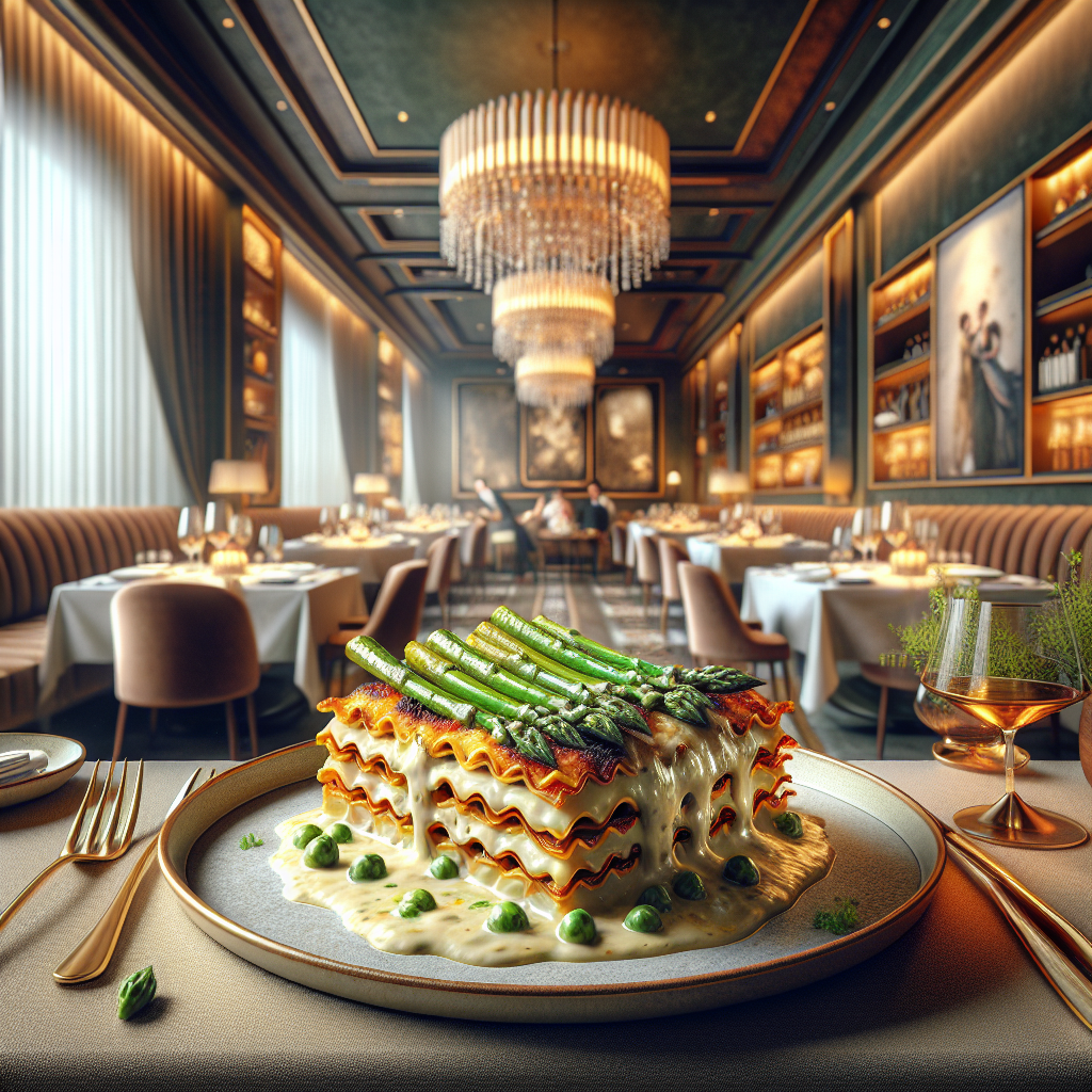 Plate of lasagna layered with asparagus and peas, garnished with herbs.