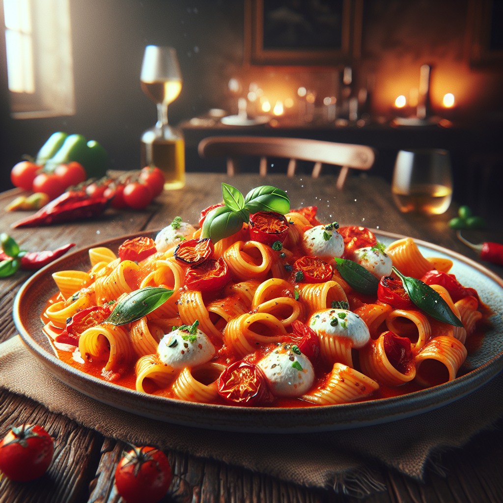 Plate of paccheri pasta topped with grilled pepper cream, ricotta, and fresh basil leaves.