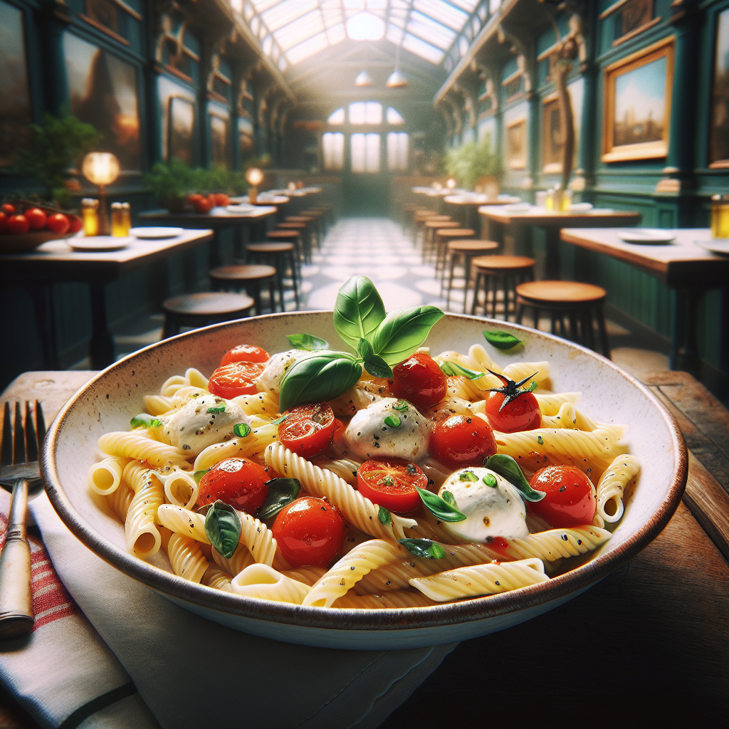 Plate of pasta with cherry tomatoes and stracciatella cheese garnished with basil leaves.