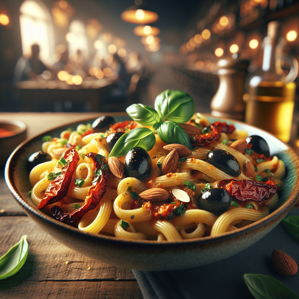 Plate of pasta topped with roasted pepper cream, olives, almonds, and fresh basil leaves.