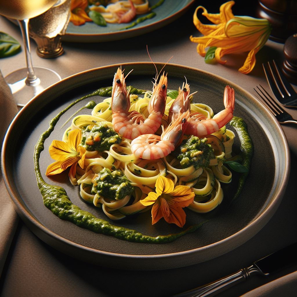 Plate of pasta topped with zucchini flower pesto and three sweet prawns garnished with edible flowers.
