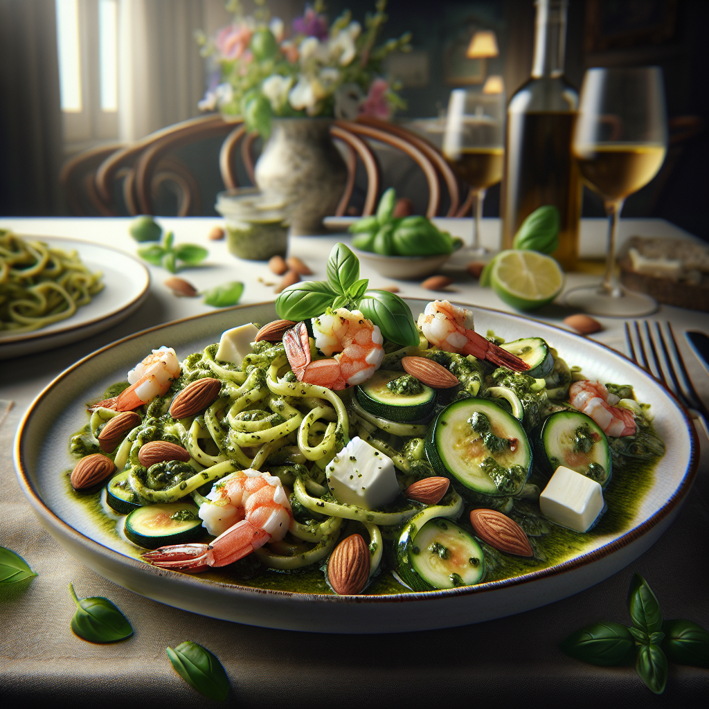 Plate of pasta with zucchini, pesto, shrimp, mozzarella, and almonds garnished with basil leaves.