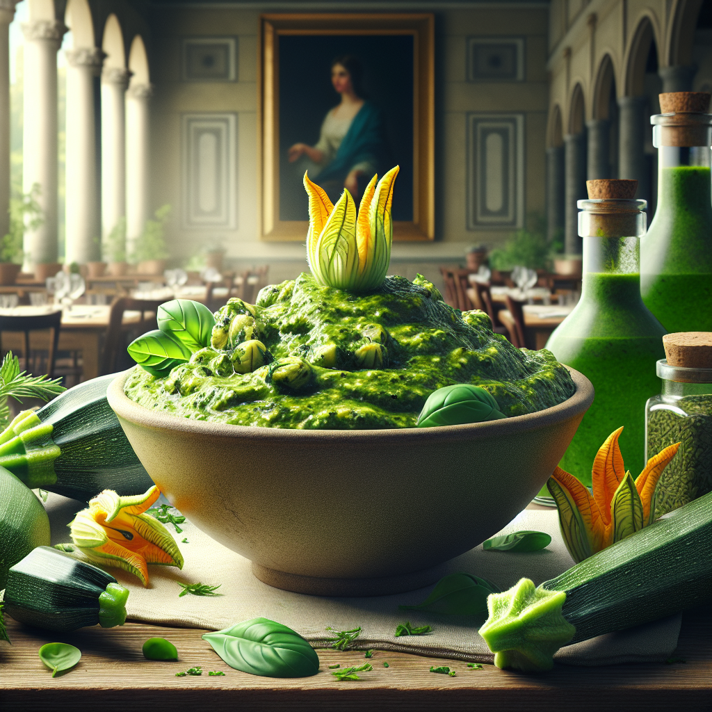 Bowl of pesto topped with zucchini blossoms, surrounded by fresh zucchini and herbs.
