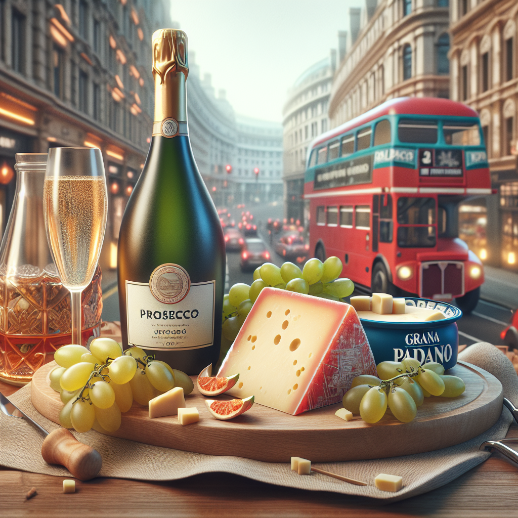 A bottle of Prosecco with Grana Padano cheese, grapes, and glasses on a wooden board.