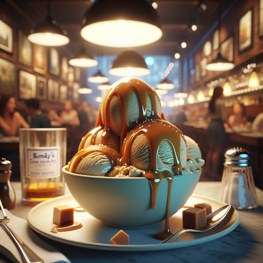 A bowl of ice cream topped with caramel sauce and pieces of caramel in a restaurant setting.