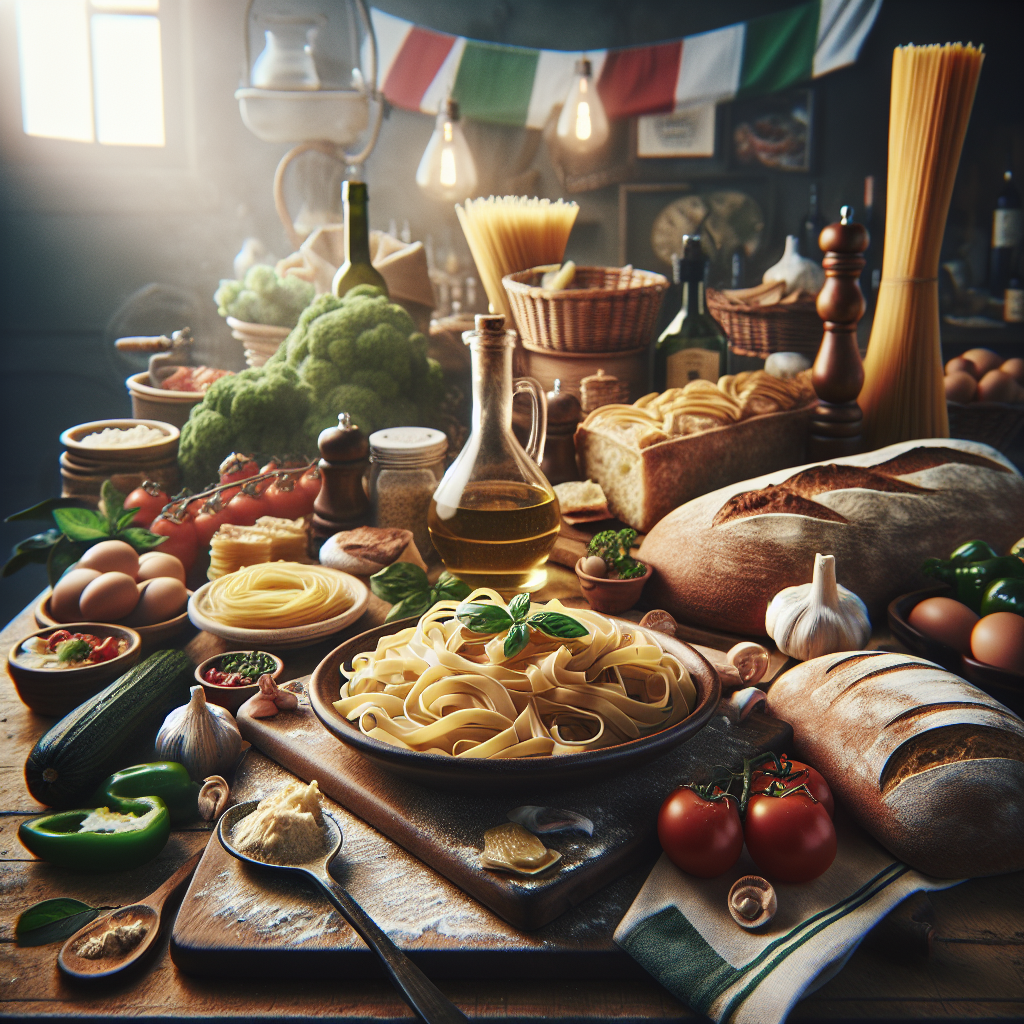 An assortment of Italian cooking ingredients including pasta, vegetables, and bread arranged on a table.