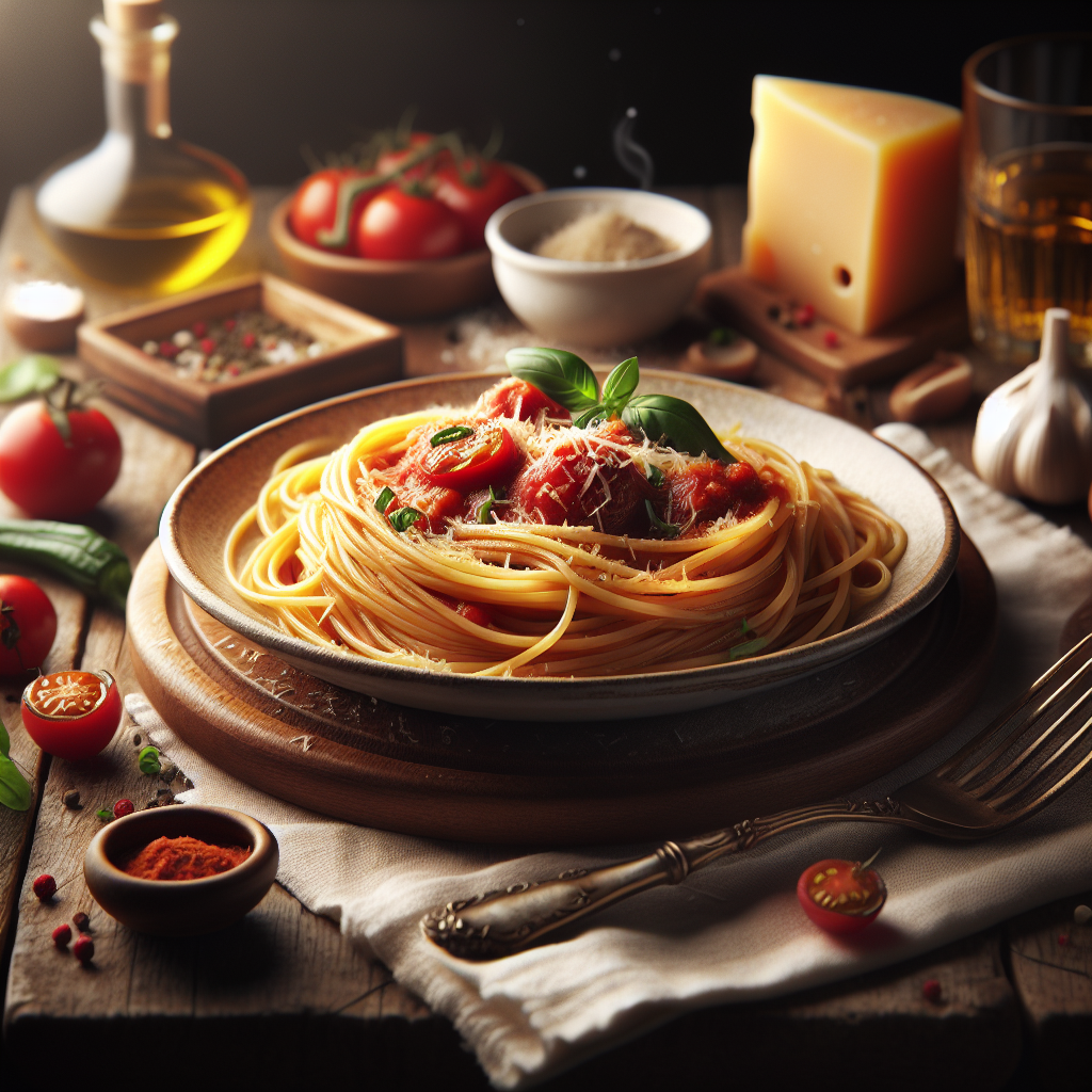 A plate of spaghetti topped with tomato sauce, garnished with basil leaves, and surrounded by ingredients.