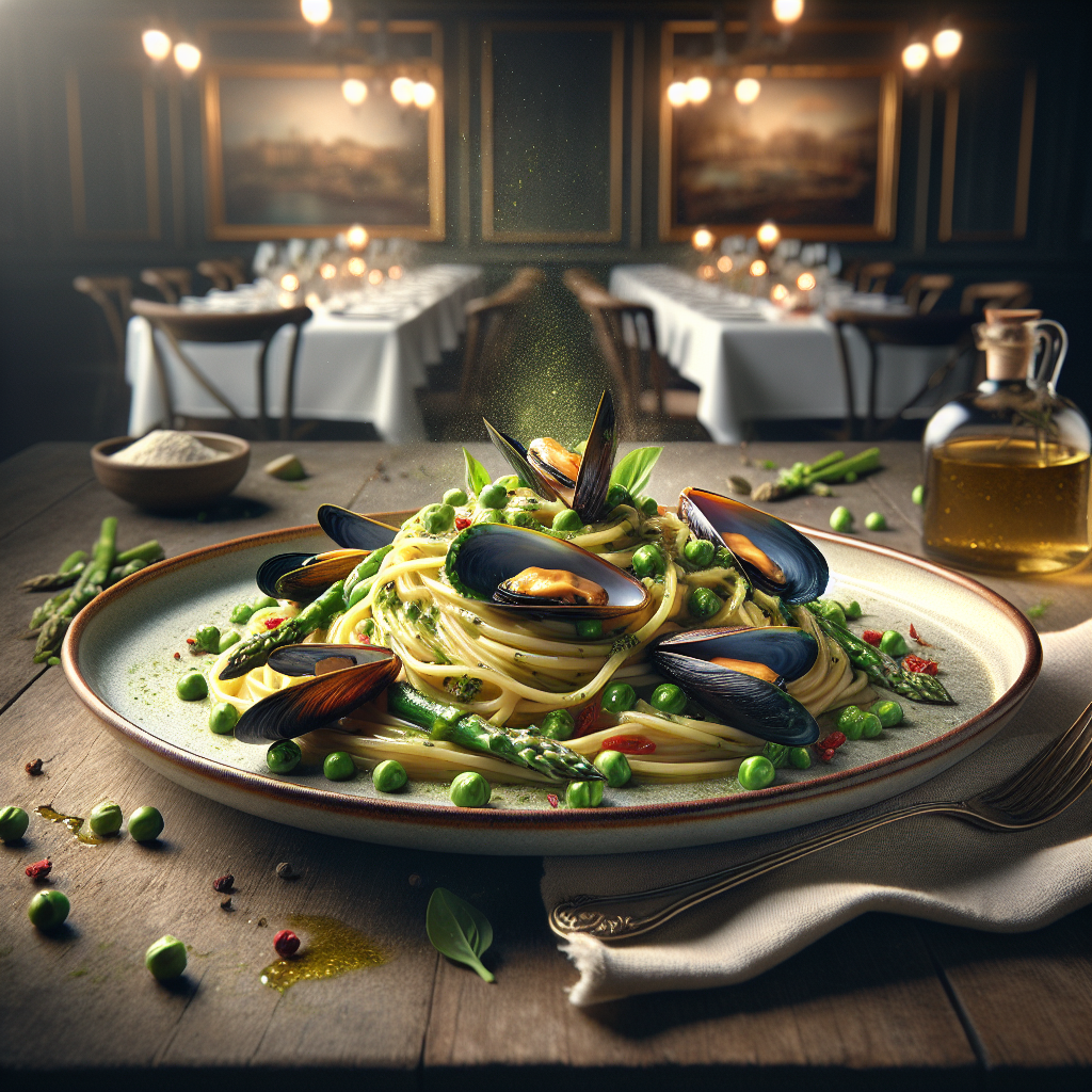 A plate of spaghetti topped with mussels and green peas on a wooden table.