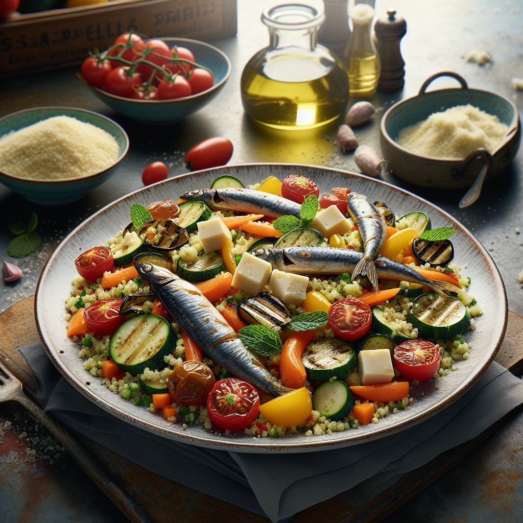 A plate of summer couscous topped with anchovies, vegetables, and cheese.