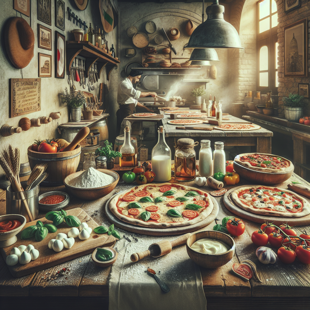 A kitchen scene featuring ingredients and pizzas being prepared with various toppings and utensils.