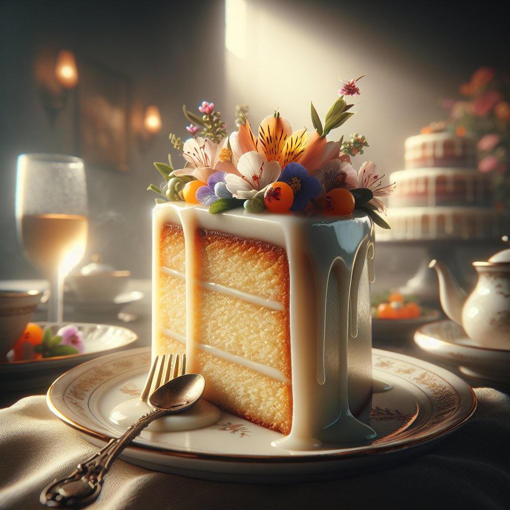 A slice of cake topped with flowers and icing on a decorative plate with a spoon.