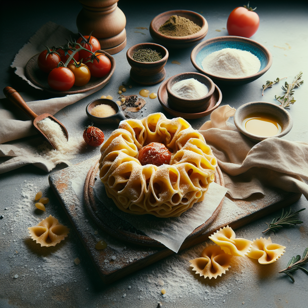 A tortellata di San Giovanni pasta dish garnished with a tomato, surrounded by various ingredients and spices.