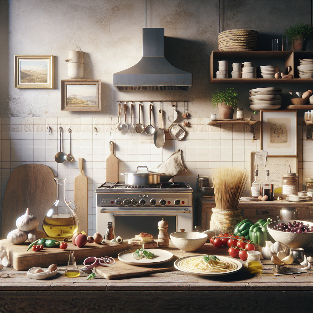 A variety of ingredients including pasta, vegetables, and cooking utensils arranged on a kitchen countertop.