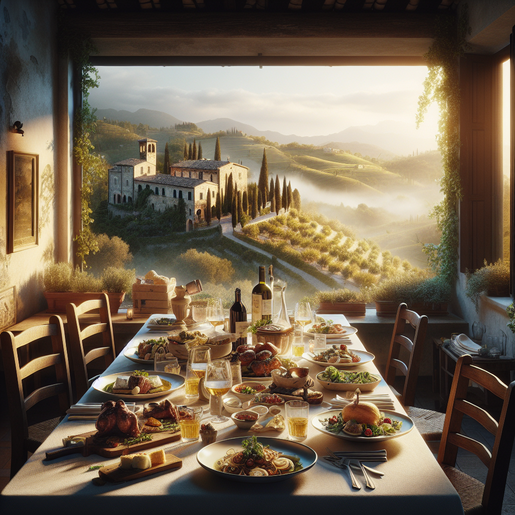 A dining table set with various Italian dishes and drinks, overlooking a scenic landscape.