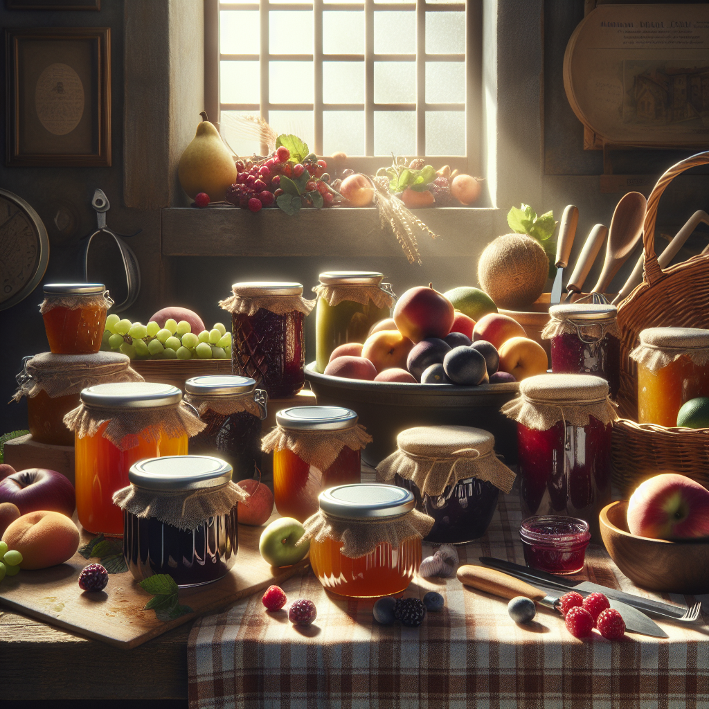Various jars of fruit preserves placed on a table with fresh fruits in a kitchen setting.