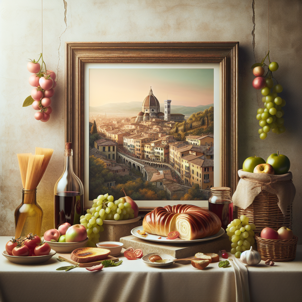 Still life arrangement featuring food items and a framed landscape of an Italian city.