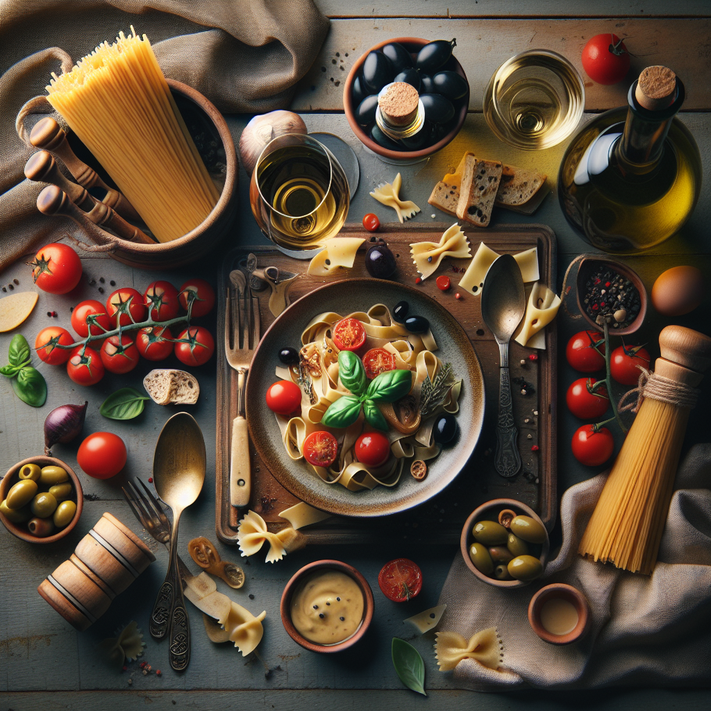A plate of pasta topped with fresh basil, surrounded by various ingredients like tomatoes, olives, and olive oil.