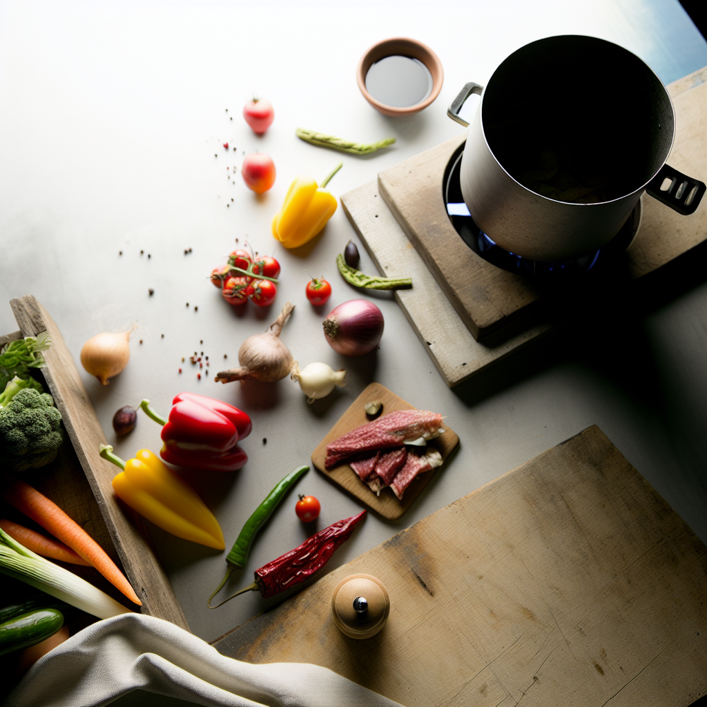 An assortment of fresh vegetables including bell peppers, tomatoes, and onions next to a cooking pot on a stove.