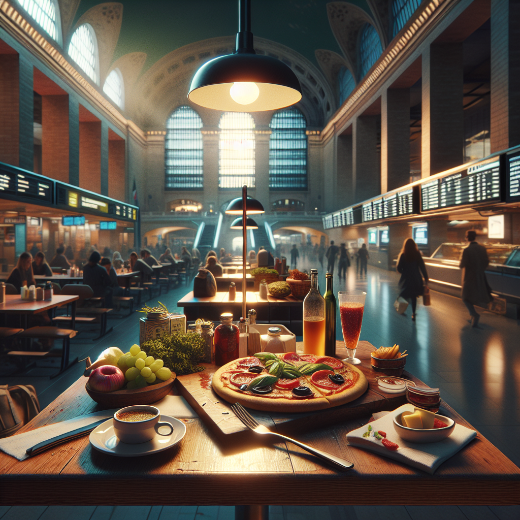 Table set with pizza, drinks, and fruits in an airport dining area with people in the background.