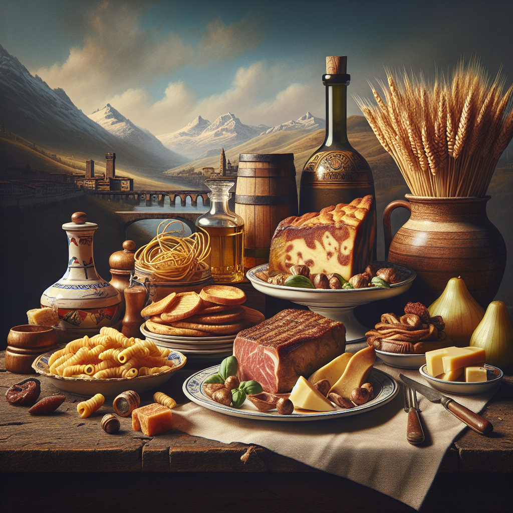 A table set with various Italian culinary ingredients including pasta, cheese, and meats.