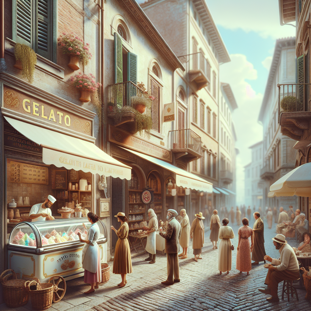 A gelato shop with a display of colorful gelato in a traditional Italian street setting.