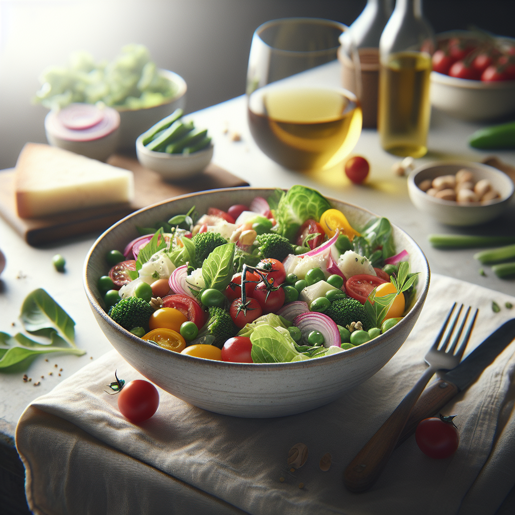 A bowl of fresh mixed salad with cherry tomatoes, greens, and vegetables on a table.