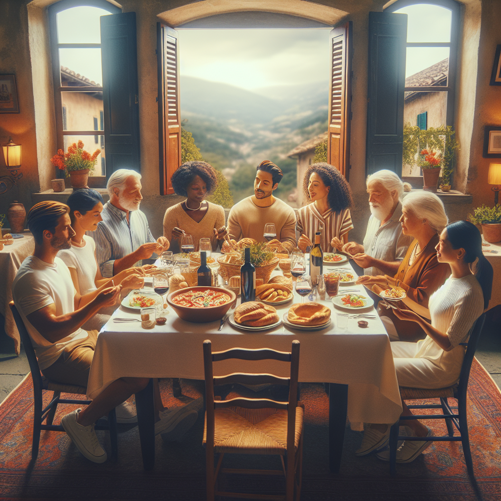 A group of diverse individuals gathered around a table enjoying a meal in a rustic setting.