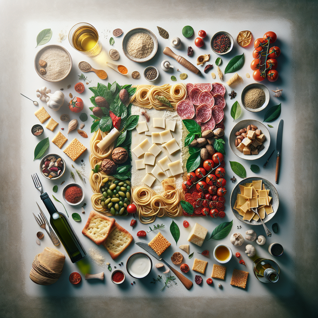 An assortment of Italian cuisine ingredients including pasta, cheese, tomatoes, and herbs arranged in a visually appealing manner.