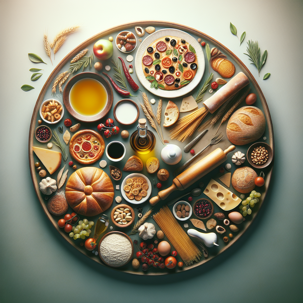 A round platter filled with various Italian food ingredients including pasta, bread, and vegetables.