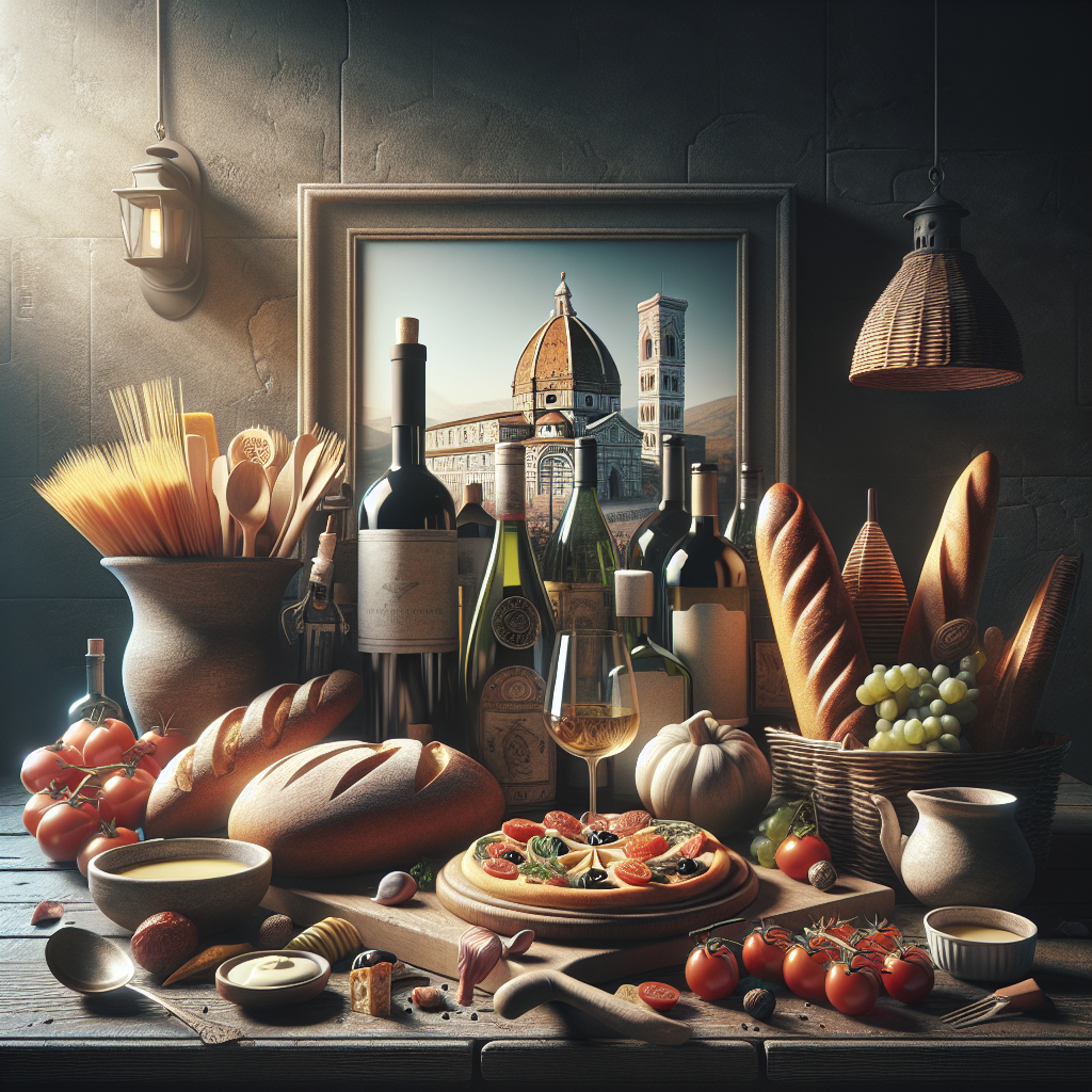 A collection of Italian food items including bread, wine, pasta, and vegetables arranged on a wooden table.