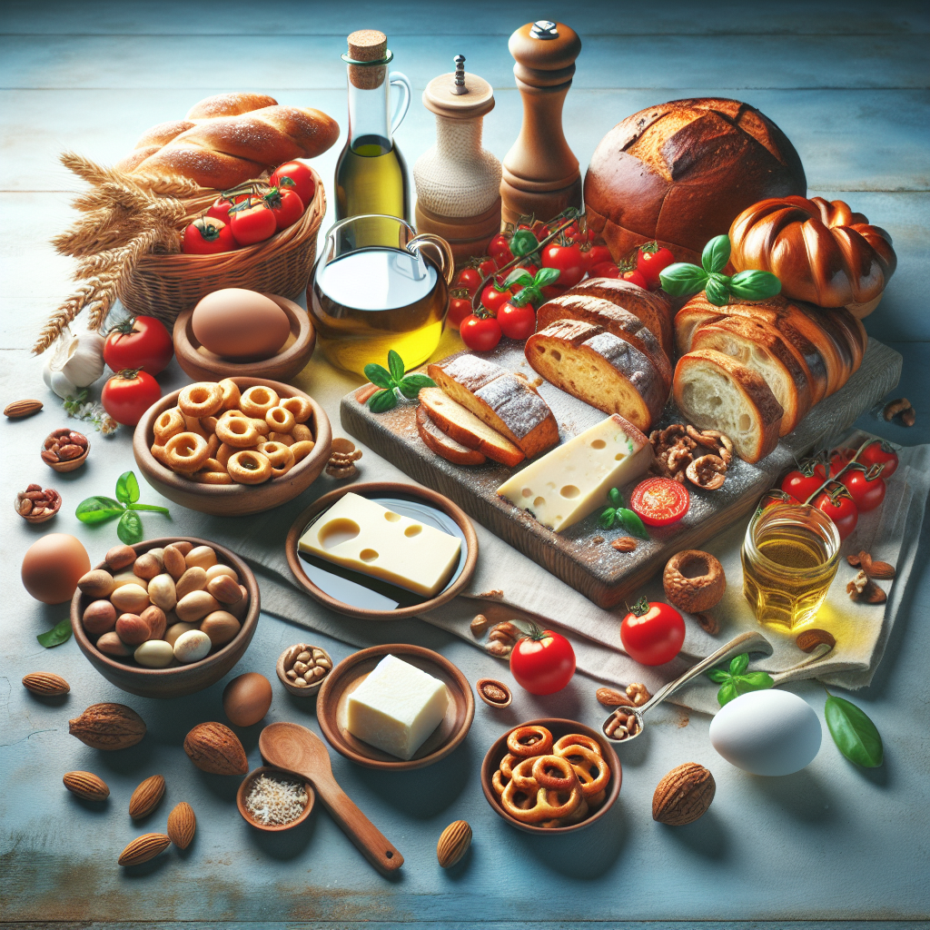 An arrangement of various food items including bread, cheese, nuts, and tomatoes on a wooden table.