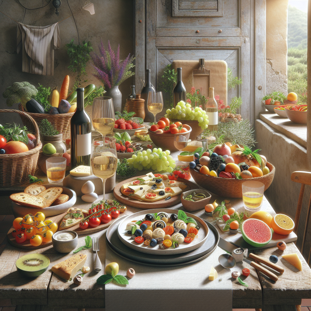 A table filled with various fresh Italian dishes, fruits, vegetables, and wine bottles.