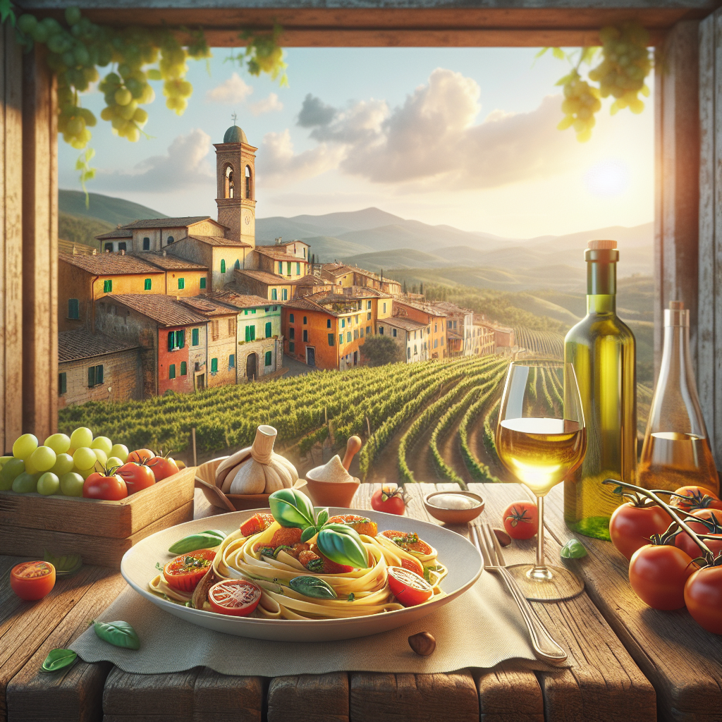 A plate of pasta garnished with basil, tomatoes, and a glass of white wine on a wooden table.