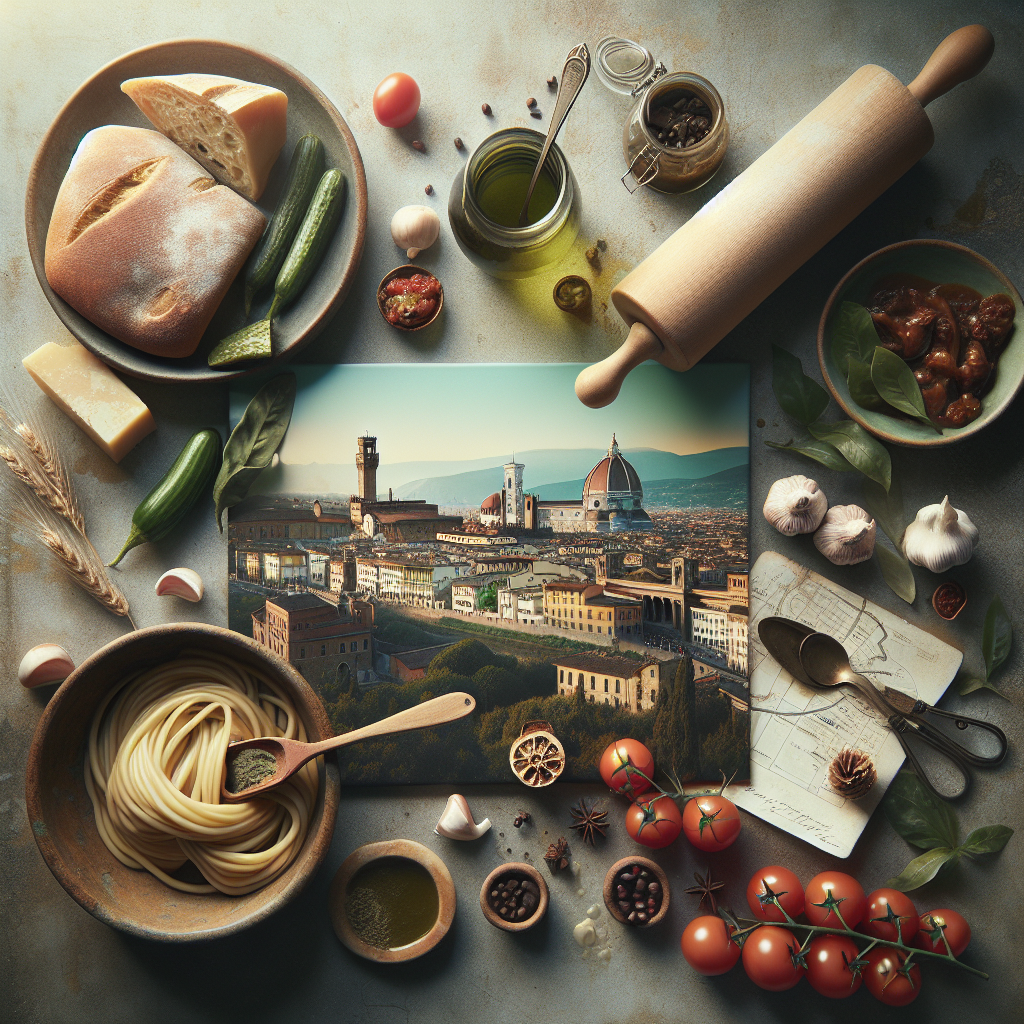 A collection of Italian culinary ingredients with a landscape image of Florence in the center.