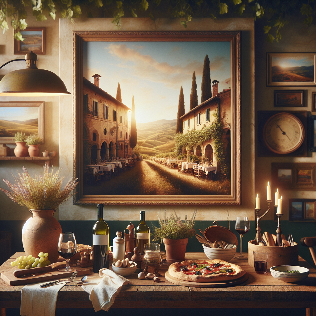 A rustic dining setup featuring wine bottles, food, and a landscape painting of Italian countryside.